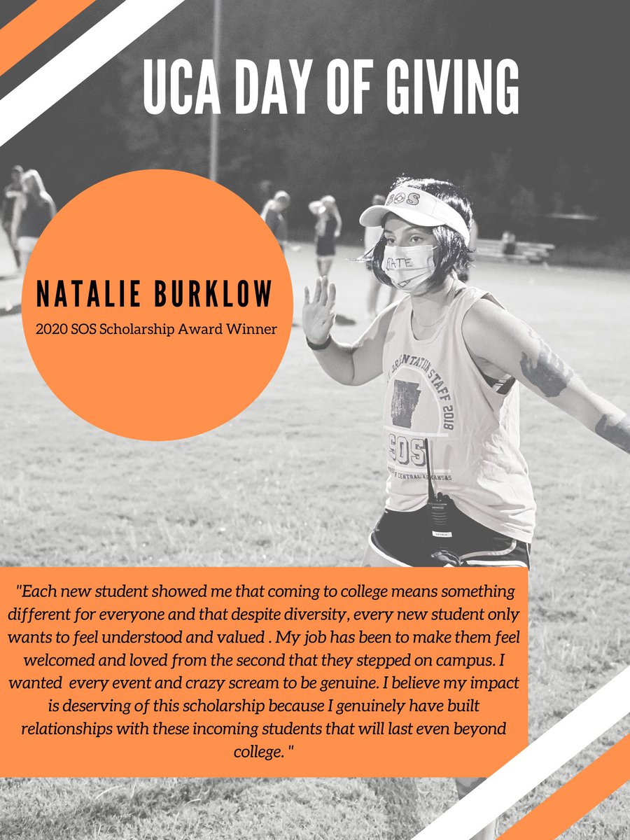 Meet Natalie Burklow - the inaugural SOS Scholarship Recipient!! She joined SOS and was a Team Leader (Natalie's Nascar) in 2020 and is Co-Director this year. Give to the SOS Scholarship Fund so we can award even more SOSers! uca.edu/go/DOGSOS