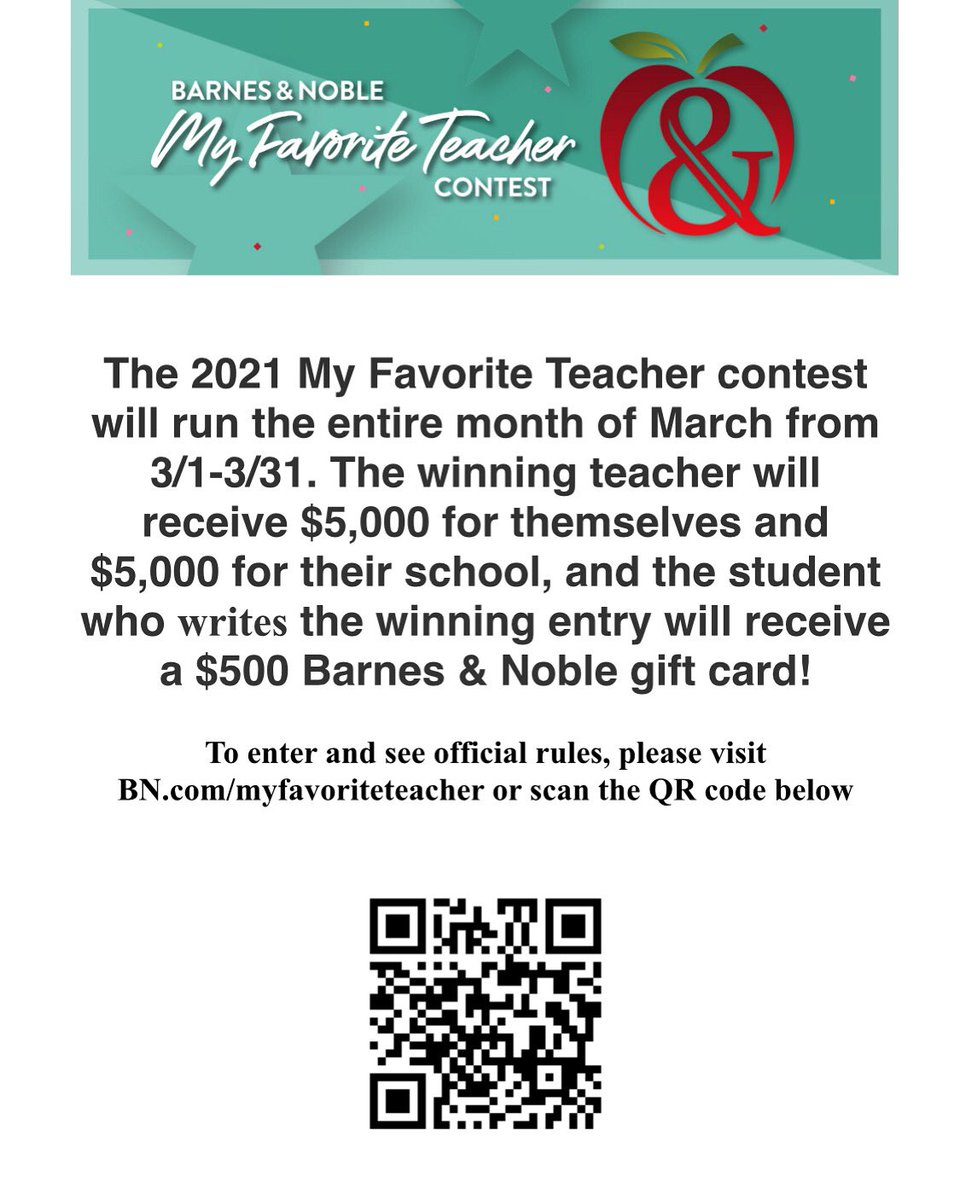 ICYMI... The My Favorite Teacher contest has kicked off!! Submit your entries by 3/31/21 to potentially win a $500 gift card as well as great prizes for your favorite teacher and school!  
BN.com/myfavoriteteac…