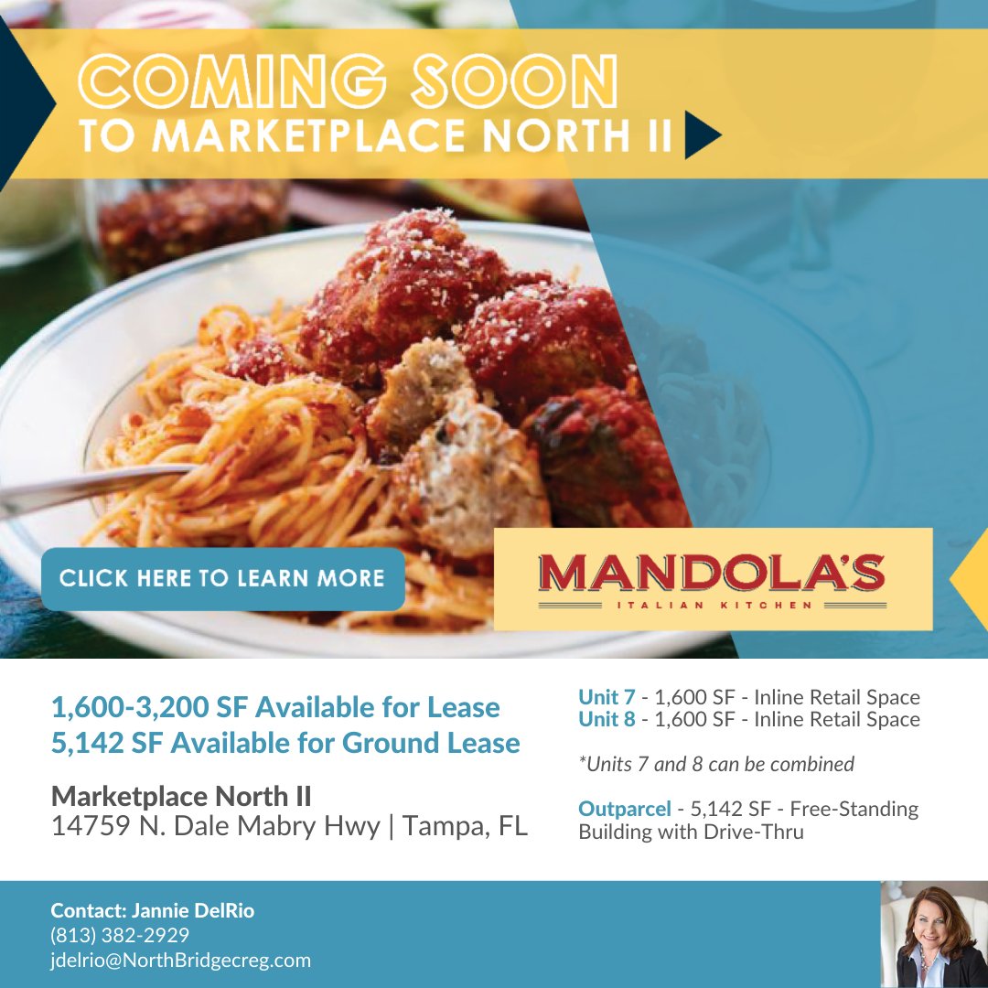 Mandola’s Just Signed in Carrollwood 🍝

Retail Space & Outparcel Available 🚨

More Details:  bit.ly/3tbfDqp

#floridacommercialrealestate #tampa #tampafl #commercialrealestate #commercialrealestateforsale