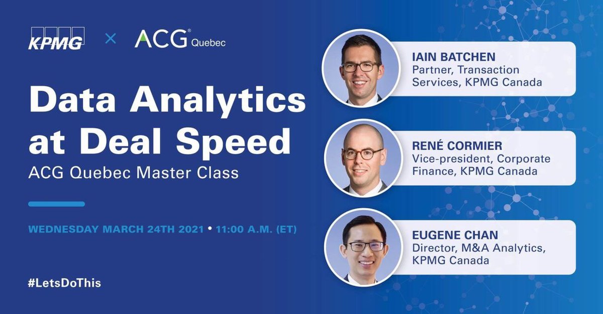 acgquebec's tweet photo. Join us for our next Master Class with KPMG on March 24th at 11.00 EST. We will explore the critical role Data analytics play in accelerating diligence, prioritizing issues, and bolstering the strategic plan.

To register: acgquebec@acg.org https://t.co/KZfqTWzQ7B