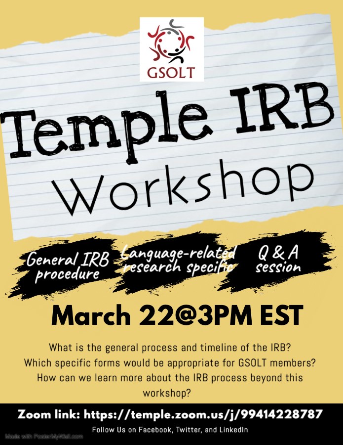 gsoltinfo's tweet photo. In need of the ins and outs of IRB? GSOLT has your back 3/22 at 3 pm! https://t.co/riXbPXU2qf