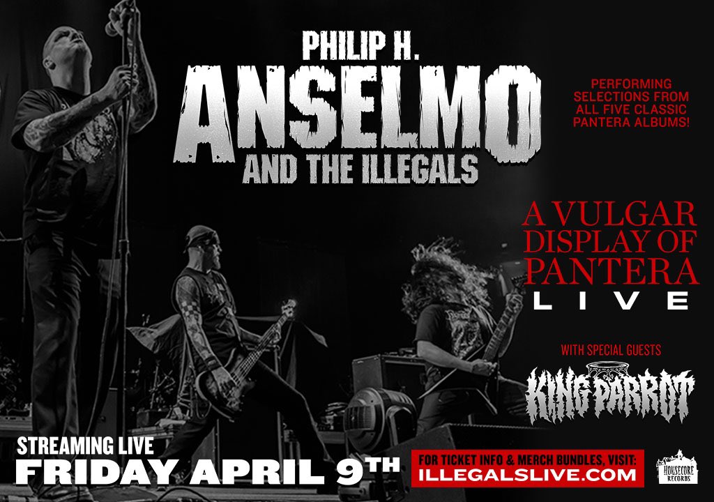 philiphanselmo's tweet photo. Philip H. Anselmo and the Illegals perform selections from all five classic Pantera albums! Streaming LIVE on Friday April 9th. Early bird tickets &amp; merch bundles available NOW at https://t.co/2ofG81Y86h ! https://t.co/sczMAZldiT