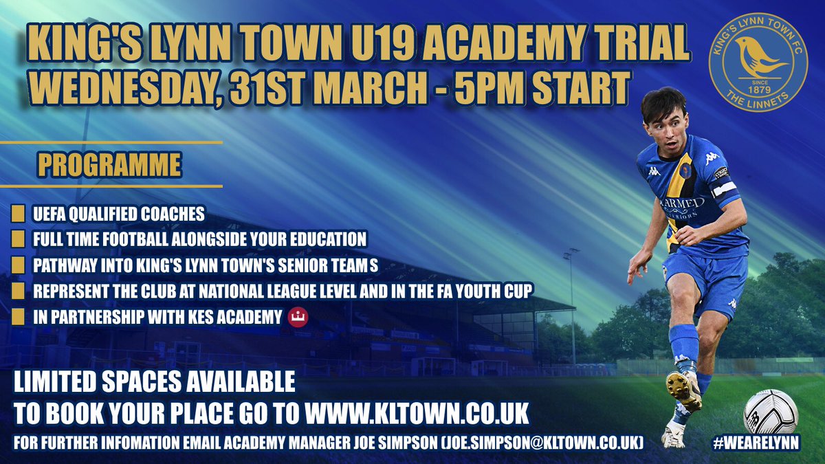 U19s ACADEMY TRIALS - BOOK NOW ⬇️⬇️⬇️

Want to be part of the future of King’s Lynn Town? Now is your chance. 

Book your trial now at kltown.co.uk

#WeAreLynn #TheFutureKLTownFC