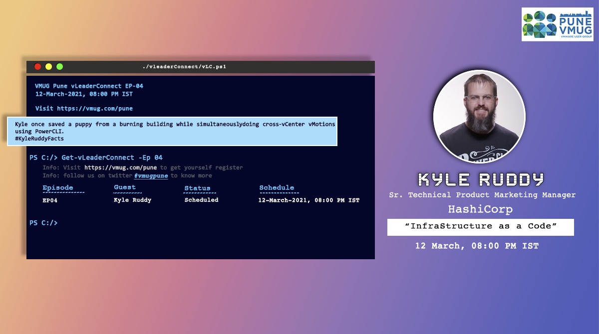 MyVMUG's tweet photo. There's still time to register for tomorrow's VLeader Connect Webinar with Kyle Ruddy (@kmruddy) at 8:00 PM IST hosted by the PuneVMUG Community!
Register here: https://t.co/OaBKpCO5UU
#vleaderConnect https://t.co/3OrxEiDxYt