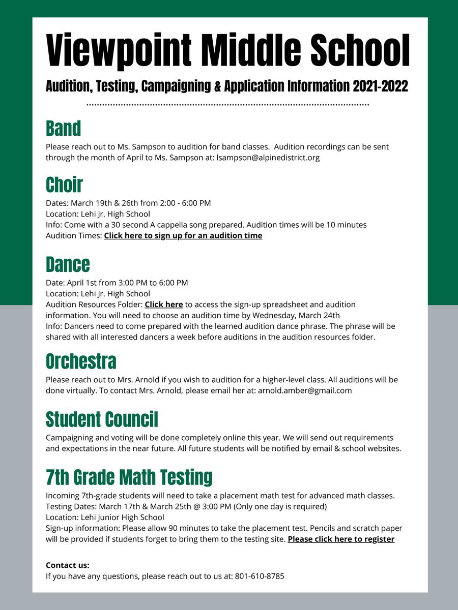 If you missed the email we sent out yesterday to parents, here is the audition and 7th grade math testing information. Sometimes links don't work. Please visit Lehi Jr. or Willowcreek Middle School's websites for more information. #VMSRaptors
