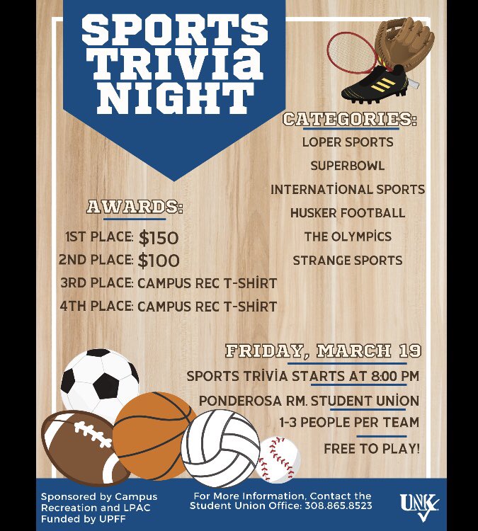 Who’s ready for ANOTHER trivia night?! If you think you’ve got what it takes to win sports trivia, come join us at 8 p.m. on Friday, March 19! There will be cash prizes for the top two winners! 👀
