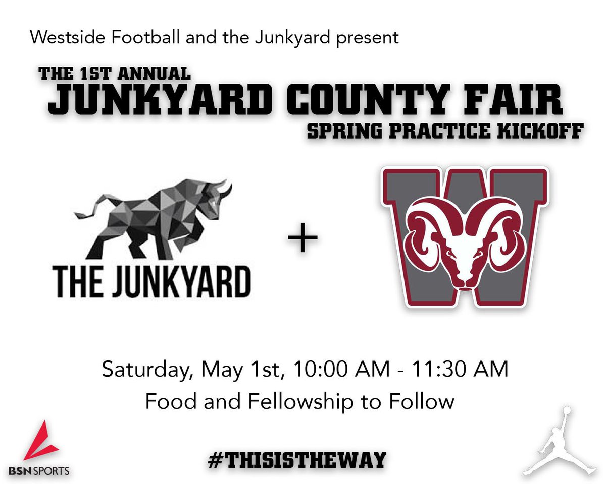 Westside Football (@ramsfootballsc) on Twitter photo Westside Football is excited to announce our Spring Practice kickoff, the first ever Junkyard County Fair! <a href="/thejunkyardfit/">The Junkyard</a> Westside Football is excited to announce our Spring Practice kickoff, the first ever Junkyard County Fair! <a href="/thejunkyardfit/">The Junkyard</a>