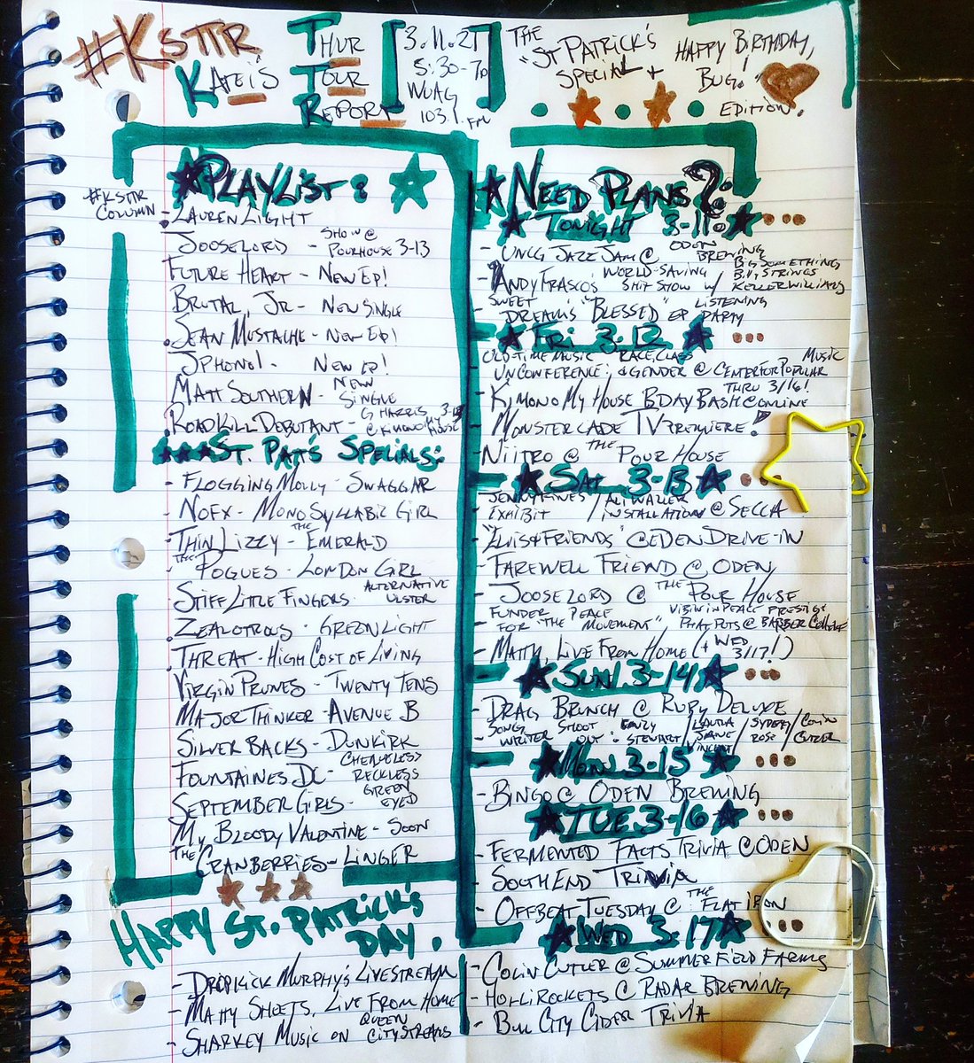 tourreportnc's tweet photo. #ksttr "St. Patrick's Special" featuring a slew of rad Irish bands, some new tunes outta NC artists and one of the sibling's favorite songs.
Tune in to @WUAG today at 5:30. https://t.co/aoJ9wnPuUm