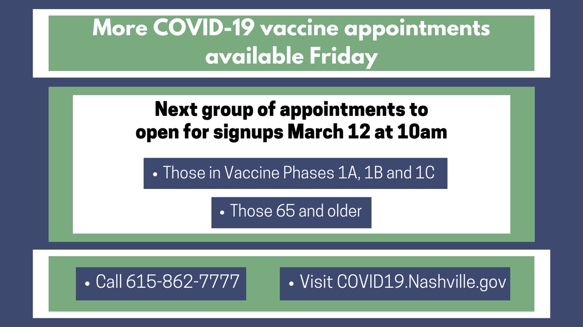 NashvilleHealth's tweet photo. More COVID-19 vaccine appointments will open on Friday, starting at 10am.

Those who are eligible can sign up for their appointment by calling 615-862-7777 or by clicking the yellow box that will be at https://t.co/LEFI8p3Ne7 https://t.co/GEzy5ZuPkD
