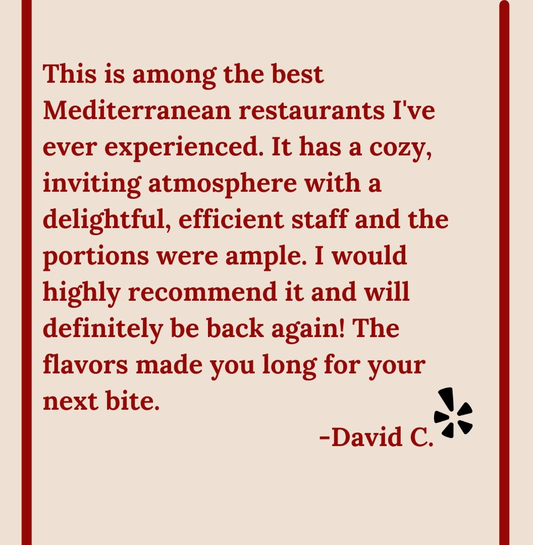 Thank you David C. for this outstanding review! We can't wait to see your smiling face again.

Open daily from 5-10pm for takeout and delivery! 

#hellskitchennyc #hellskitchenrestaurants #hellskitchen #midtownwest #midtownmanhattan #meditteraneanrestaurantnyc