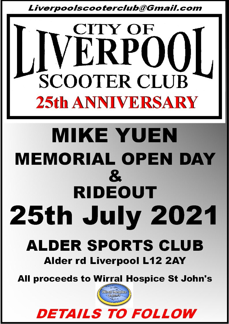 Join us at our Open Day and 25th Club Anniversary Celebrations. The event will also be held in memory of our much missed friend and fellow Scooterist Mike Yuen who sadly passed away in February. A Grand rideout will be held prior to our event in Mike’s honour.
