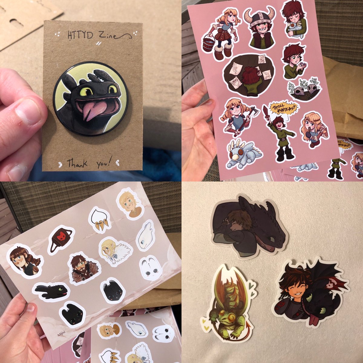 HTTYDzine's tweet photo. Once There Were Dragons Zine Update!
•
As you can see we've started to receive merchandise! 
•
Button badge by Ivy Georgi 
Pink sticker sheet by @eliphantart  
Epilogue sticker sheet by @mijisi 
Stickers by @searyu @eleastars  and @ghostdog_s https://t.co/XRRkBKPe7s