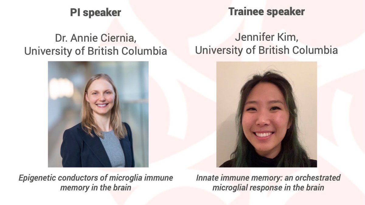 Next up in our seminar series is Dr. Annie Ciernia <a href="/AVogelCiernia/">Annie Vogel Ciernia</a> and Jennifer Kim @jennjennkim!

Join us on Fri, Mar 19 @ 9am PST / 12pm EST to hear about their work on epigenomic regulation in neurodevelopment and neurodevelopmental disorders.

mcgill.zoom.us/j/83761976697?…