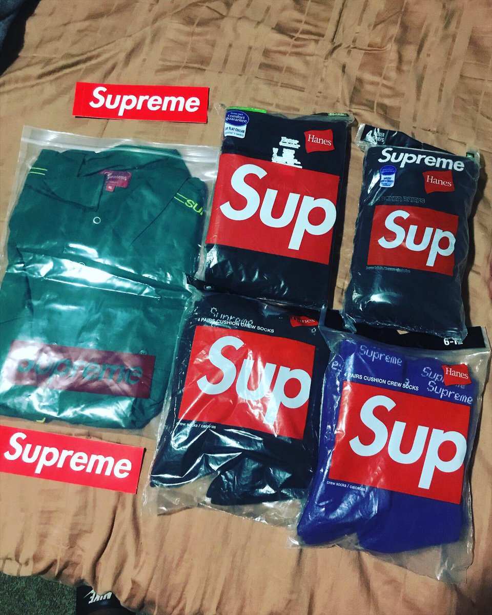 DucketsR_Us's tweet photo. Got my week 1 full supreme order minus 1 #KawsRedSkateboarddeck ..........#supremenewyork #supremeweek1 #supremeworkshirt #supremehanesboxer #supremehanestee #supremehanessocks #Supremeskateboard #supremestickersskateboarddeck #supremetrucks #Jordan5se https://t.co/wShZxD9qQA