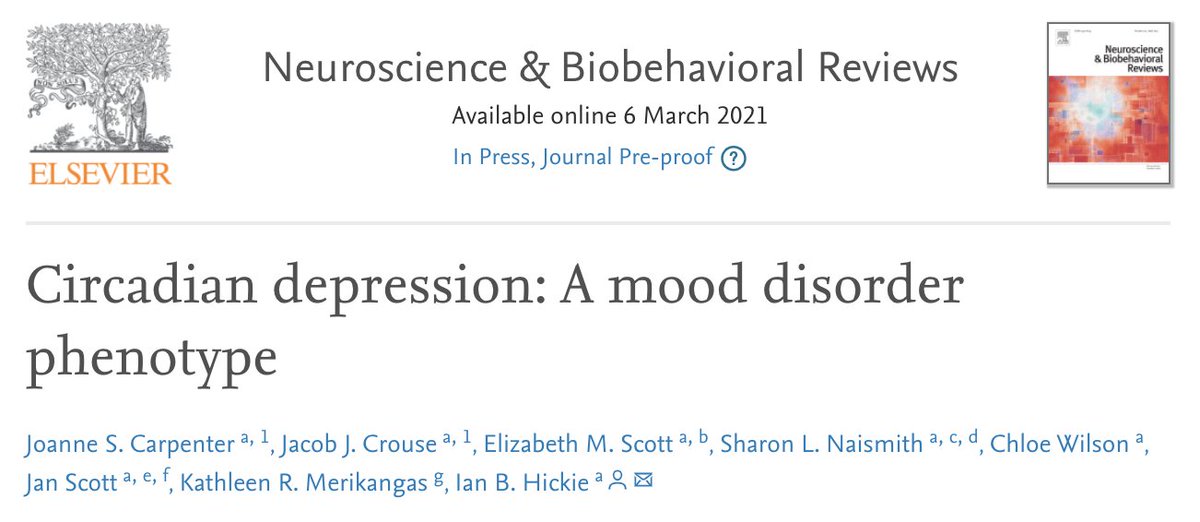 Jake Crouse (@jacobjcrouse) on Twitter photo 📢 New paper!
We propose a "circadian depression" subtype of mood disorders linked to dysregulation of 24hr biological clocks ⏰
Clinical features and treatment implications are discussed
W/ colleagues from <a href="/NIMHgov/">National Institute of Mental Health (NIMH)</a> <a href="/UniofNewcastle/">Newcastle University</a> <a href="/ian_hickie/">Ian Hickie</a>
sciencedirect.com/science/articl… 📢 New paper!
We propose a "circadian depression" subtype of mood disorders linked to dysregulation of 24hr biological clocks ⏰
Clinical features and treatment implications are discussed
W/ colleagues from <a href="/NIMHgov/">National Institute of Mental Health (NIMH)</a> <a href="/UniofNewcastle/">Newcastle University</a> <a href="/ian_hickie/">Ian Hickie</a>
sciencedirect.com/science/articl…