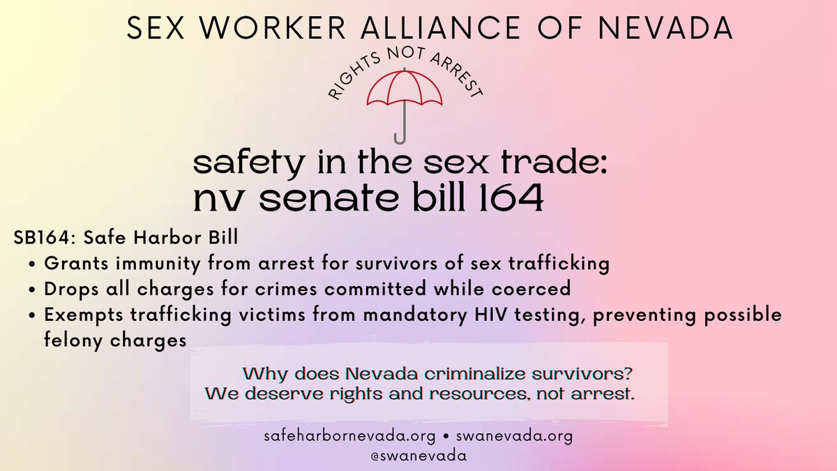 #SB164 will help prevent #sexworkers who are also victims of human trafficking from being arrested or prosecuted. Victims deserve #rightsnotarrest! Thank you @MelanieScheible for sponsoring this bill. safeharbornevada.org for info and ways to support #stoparrestingus #NVleg