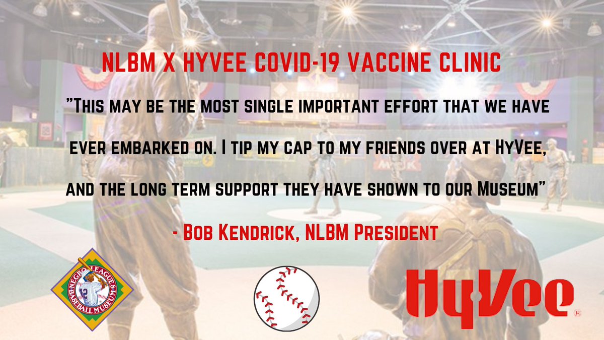 Negro Leagues Baseball Museum (@nlbmuseumkc) on Twitter photo Long time NLBM partners, <a href="/HyVee/">Hy-Vee</a> will be hosting a weekly community vaccination clinic for residents of the 18th & Vine District community, at the <a href="/NLBMuseumKC/">Negro Leagues Baseball Museum</a>. The vaccines will be available those eligible under MO Phase 1B, Tier 2 and Tier 3, and all essential workers. Long time NLBM partners, <a href="/HyVee/">Hy-Vee</a> will be hosting a weekly community vaccination clinic for residents of the 18th & Vine District community, at the <a href="/NLBMuseumKC/">Negro Leagues Baseball Museum</a>. The vaccines will be available those eligible under MO Phase 1B, Tier 2 and Tier 3, and all essential workers.