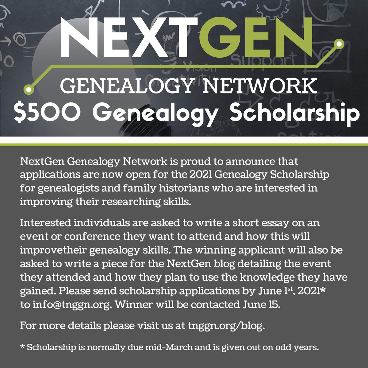 The NextGen Genealogy Network Scholarship is back! Apply to receive $500 toward your genealogy education! #genealogy #IAmNextGen