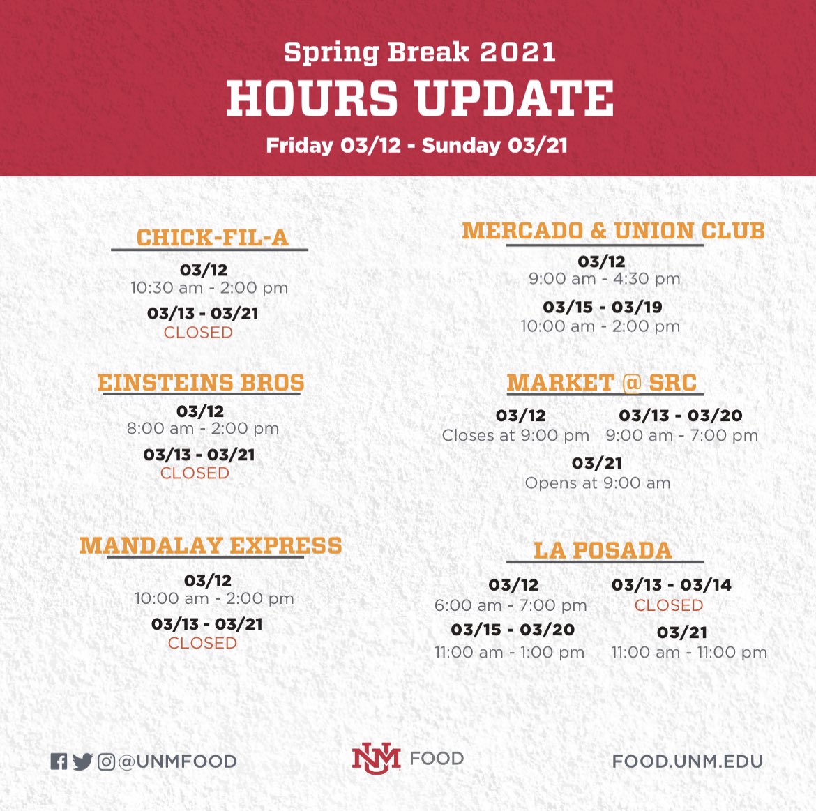 Spring Break hours start Friday (3/12) to Sunday (3/21). To best serve our meal plan holders, La Posada service will be modified to ensure quality options.