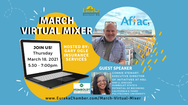ChamberEureka's tweet photo. You can now register for the March Virtual Mixer! Gary Ogle AFLAC Insurance Services is hosting this month's mixer, Thursday, March 18, 2021 from 5:30-7:00 pm! Visit https://t.co/Rn0gkITnTl to find out more and register. #eurekachamber #virtualmixer https://t.co/bKHYEYKq5C