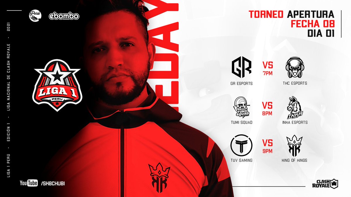 Iniciamos la <a href="/LIGA1_PE/">LIGA 1 PERÚ</a> 
FECHA 8/DÍA 1

Transmisión en VIVO
🎙️| <a href="/Sk8ChubiCR/">Sk8Chubi</a>
🎙️| <a href="/EnriqueBlackxd/">Enrique 19加西亞✨ </a>
📺| youtube.com/channel/UCclNp…
Invitado especial <a href="/LuisOrmenoa27/">Luis Ormeño</a> 

7:00pm
@GR_EsportsGG 
🆚
<a href="/THC_EsportS/">THC EsportS</a> 

8:00pm
<a href="/EclubTumi/">Tumi Squad</a> 
🆚
<a href="/InkaEsports/">Inka Esports</a> 

9:00pm
<a href="/TUV_GamingGG/">TUV Gaming™</a> 
🆚
<a href="/KingOfKings_GG/">King Of Kings 👑</a>
