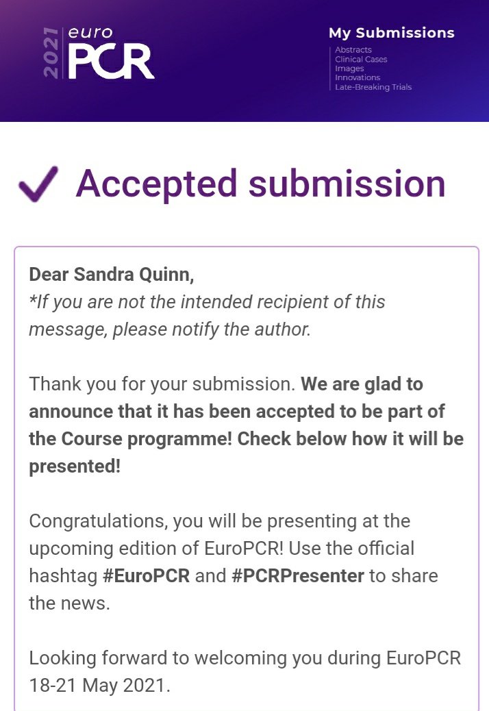 Delighted to have our submission accepted to #EuroPCR ! #PCRpresenter