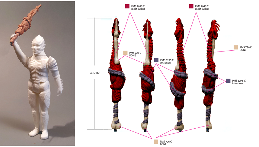 Behind the scenes: With the Master Cast done, it's time to finalize deco of #PsychoGoreman 's #MeatSword.  "Is PMS 5275 C the right color for fresh, wet intestines?" 
.
.
#officediscussions #toydesign #toycollecting #actionfigures #PG #horror #horrortoys #retro #bts #hunkyboy