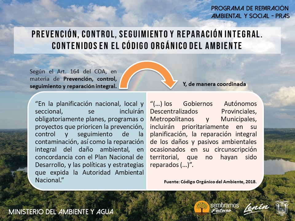 #SomosPRAS🍃
¿Conoces los aspectos normativos respecto a la  Prevención, control, seguimiento y reparación integral contenidos en el Código Orgánico del Ambiente?