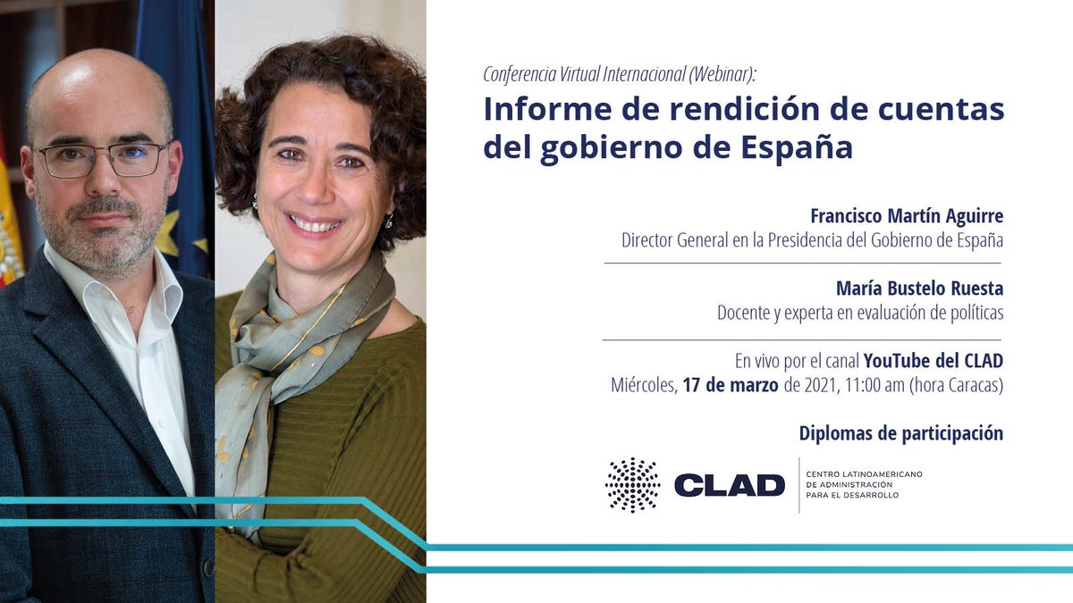 CLAD_Org's tweet photo. El próximo miércoles 17 de marzo a las 11,00hora de Caracas en la #WebinarCLAD Se debatirá sobre el informe de rendición de cuentas del gobierno español /Diploma de participación !Regístrate ya! https://t.co/xBBFxzyrXI https://t.co/LSMU9YM07W