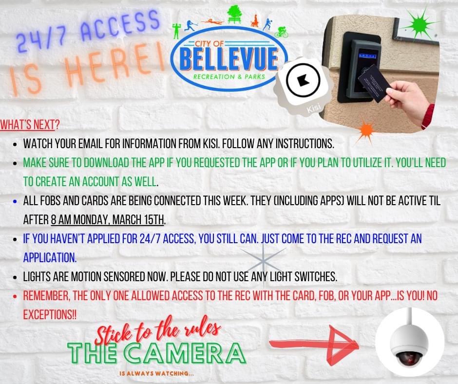 BellevueRecDept's tweet photo. IT’S FINALLY HERE! 24/7 Access is going live on Mon., March 15 at 8 a.m. Have you completed your application? Come in and pay for your card or fob. Keep your eye out for an activation email. DO NOT DELETE! If you have any issues at all, please contact us at 419-483-5555. https://t.co/rzkTye3N2Z