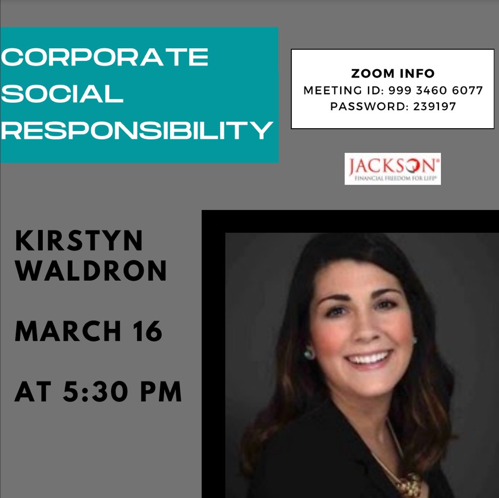 Tune in next Tuesday at 5:30 to hear <a href="/JacksonNational/">JacksonNational</a> talk about corporate social responsibility! You won’t want to miss it‼️

Zoom Link: msu.zoom.us/j/99934606077

Passcode: 239197