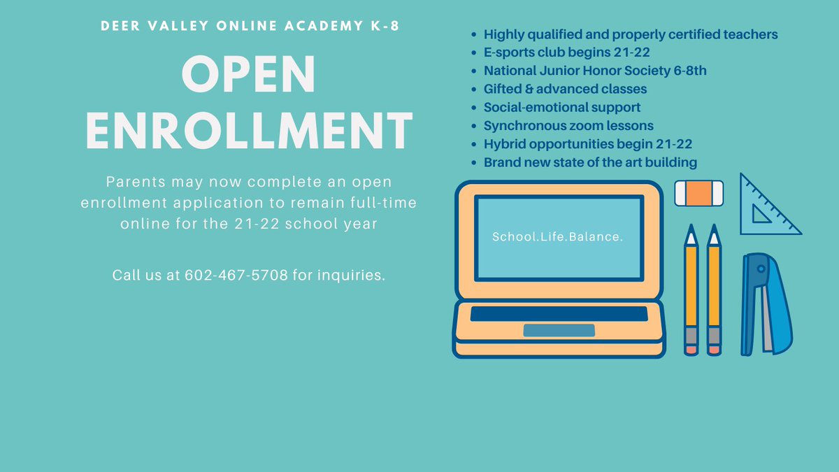 Open enrollment is now open for the 21-22 school year! openenrollment.dvusd.org/application <a href="/DrFinchDVUSD/">Curt Finch, PhD</a> <a href="/schubert_shelly/">Shelly Schubert</a> <a href="/DVUSD/">Deer Valley Unified School District</a>