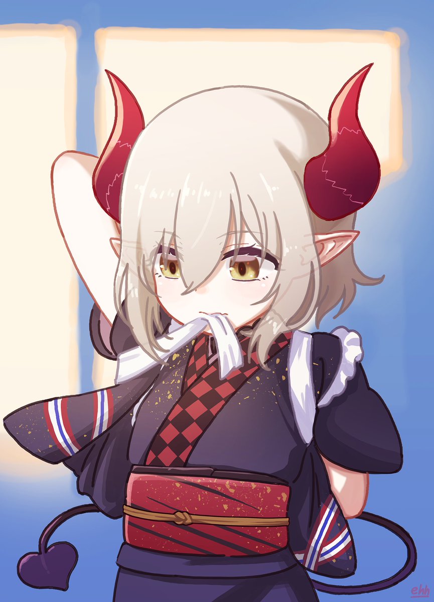 1girl horns pointy ears solo japanese clothes kimono tail  illustration images