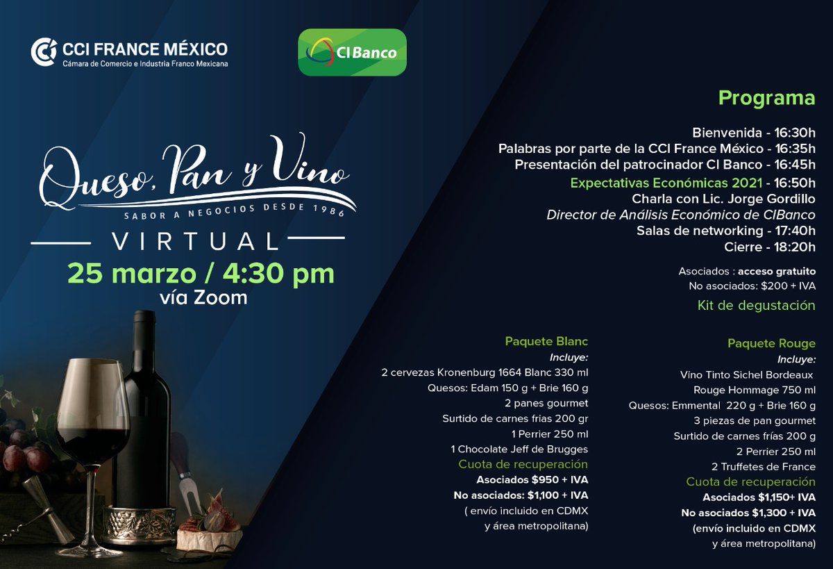 CCIFranMex's tweet photo. SAVE THE DATE

Nuestro próximo Queso, Pan y Vino contará con una charla con @gordillo_arias, Director de Análisis Económico por parte de @CIbancoverde, donde se discutirán las Expectativas Económicas 2021.

¡Esperamos contar con tu asistencia! https://t.co/bTTDKS3XBt