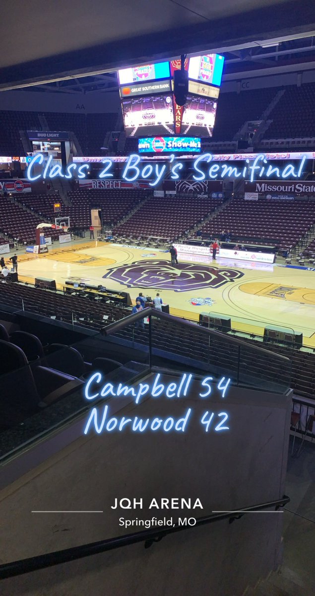 CoachAckman's tweet photo. Postseason travels took me to the Class 2 boy’s semifinal at @JQHArena at @MissouriState between Campbell and Norwood. Officiated with the great @coachbranson23 &amp; Jeremiah Timlick. @MSHSAAOrg https://t.co/KfmbWBA5aN