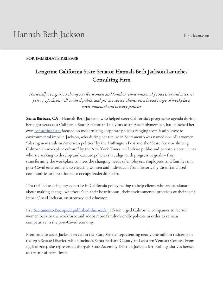 I'm excited to announce the launch of my consulting firm, which will advise clients on a broad range of issues relating to #women, #families, #workplacereform, #environment, #internetprivacy, and other #progressive values. Check it out at my website at hbjackson.com!