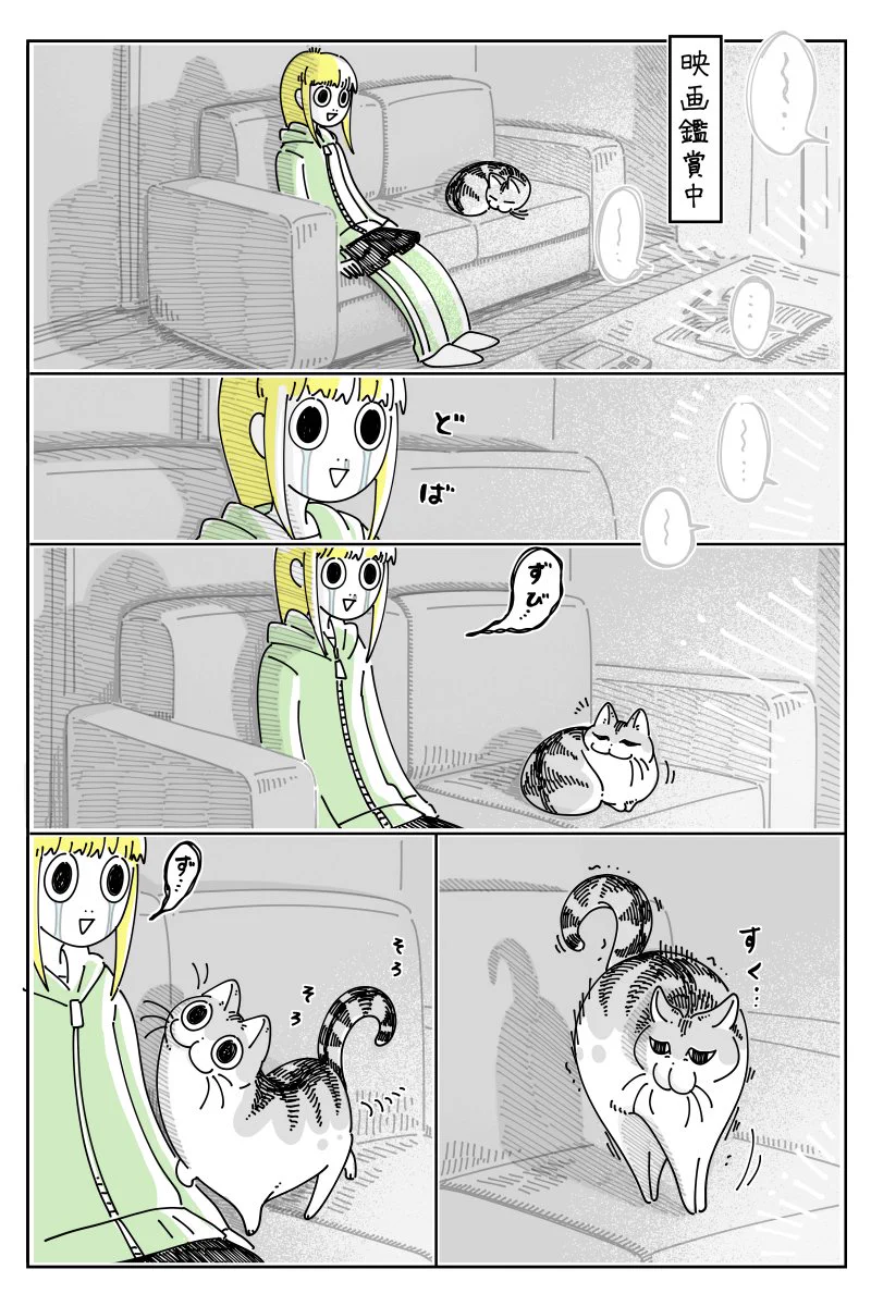 せっかくの感動シーンがwww映画を観て涙を流しているところへ猫が近寄って来て･･･www