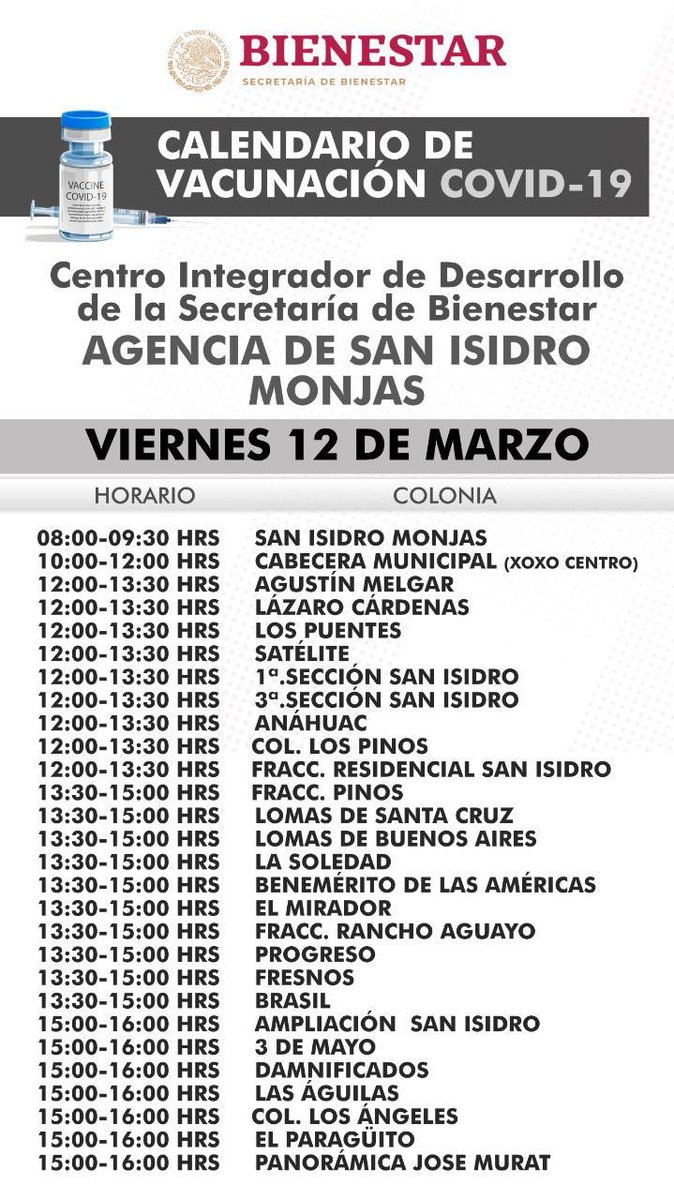 Alejandro_ALJ's tweet photo. Informamos las fechas, horarios, así como colonias, fraccionamientos, agencias y barrios que recibirán la vacuna contra la #COVID-19 en la sede de San Isidro Monjas. https://t.co/Moo9vwC7v8