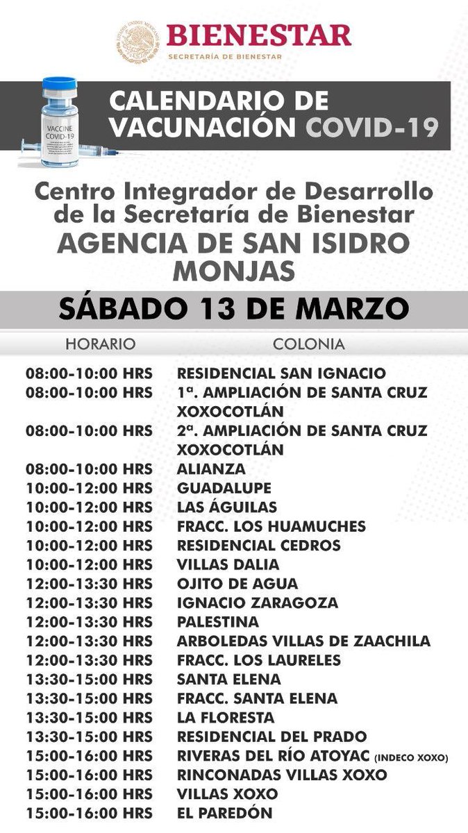 Alejandro_ALJ's tweet photo. Informamos las fechas, horarios, así como colonias, fraccionamientos, agencias y barrios que recibirán la vacuna contra la #COVID-19 en la sede de San Isidro Monjas. https://t.co/Moo9vwC7v8
