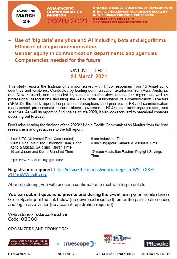 Asia Pacific Communication Monitor 2020/2021 launch on 24 March. Free registration: utsmeet.zoom.us/webinar/regist… Using SparkUp for questions: cd.sparkup.live Code: OBGGG  We'll report findings of a major survey with 1,155 responses from 15 APAC countries and territories.