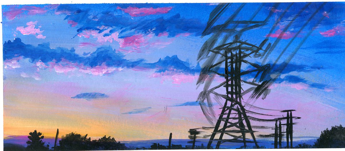 RingingSilent's tweet photo. I saw this image (https://t.co/1lwwSrgSow) and decided to attempt painting it. Probably would have helped if I'd switched out the 1" flat for a smaller brush on the wires...oops. #acrylics https://t.co/kxsFn7Ucok
