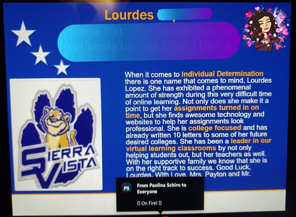 _Liz_Lopez's tweet image. Today Lourdes was honored for being an exceptional AVID Standout Student! She has demonstrated the most important parts of AVID: Determination. #AVID #6thgrader #SierraVistaCub @RIMSAVID @applequintet @sierravistak6