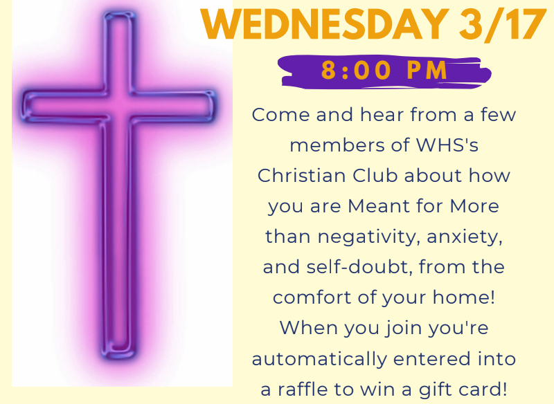 AnchoredWhs's tweet photo. Retweet this flyer for a chance to win a $20 gift card! Wednesday, March 17th at 8:00 p.m. marks Anchored's second school-wide Meant for More event! See our recent email for the Google Meet link to join. Plus, we have more raffles planned for the M4M night! @BulldogLife_WHS https://t.co/I44NGOCt1w