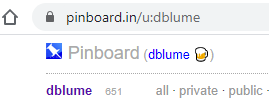 Screenshot of pinboard.in/u:dblume with a "beer" flair next to username. (photoshopped)