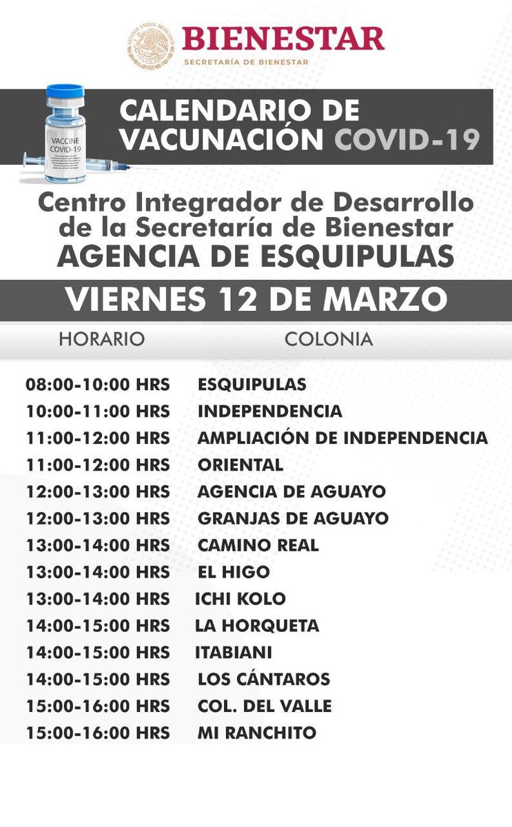 Alejandro_ALJ's tweet photo. Compartimos los horarios, así como colonias, fraccionamientos y agencias que recibirán la vacuna contra la #COVID-19 en la sede de Esquipulas. https://t.co/0IUJtORAFY