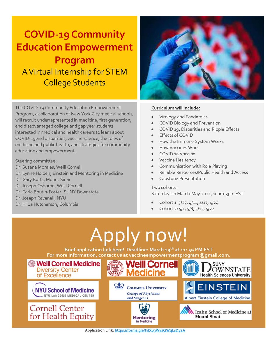 Please RT! COVID-19 Community Education Empowerment Program is recruiting URM, 1st gen, disadvantaged PREMEDS to VIRTUAL INTERNSHIP -Covid-19 disparities & vaccines, & strategies for community empowerment. Deadline 3/19, starts 3/27--apply now! Cosponsors: 6 NYC med schools!