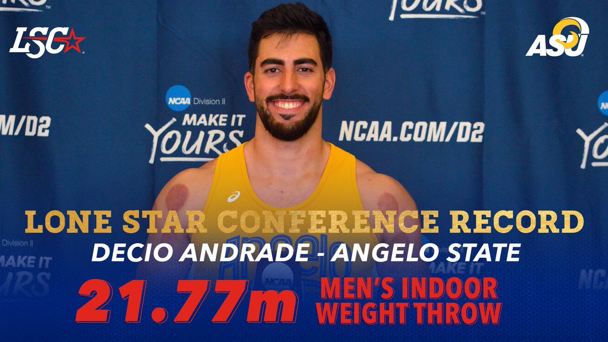 LoneStarConf's tweet image. ✅ Set new PR in men&apos;s weight throw
✅ Broke his own #LSCtf record
✅ Took 🥈 at the 2021 #D2MITF National Championships

@angeloathletics Decio Andrade closes out the night with an LSC men&apos;s indoor weight throw record 21.77m (71-5.25 feet) on his final attempt! 💪