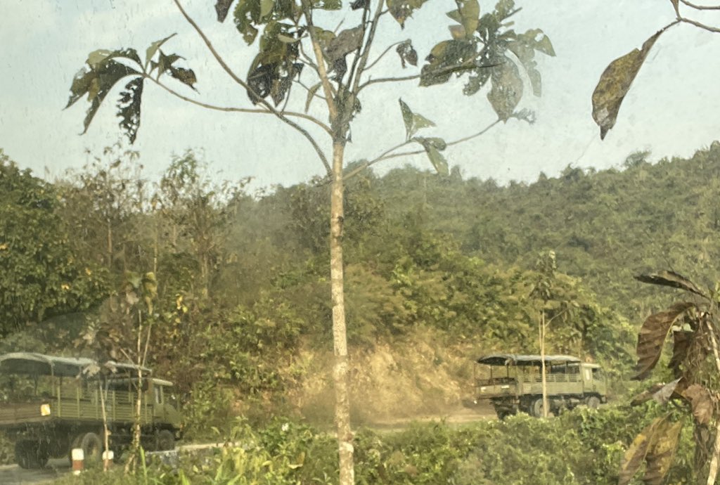 chanminmg's tweet photo. At around 8:45 AM, 21 big #Military trucks heading to #Maungdaw through Buthidaung-Maungdaw road. The trucks are full of militaries and saw some #Rohingyas on the trucks as well. @matthewfsmith @JamilaHanan @john_hq3 #WhatsHappeninglnMyanmar https://t.co/YkR6TpQhwL