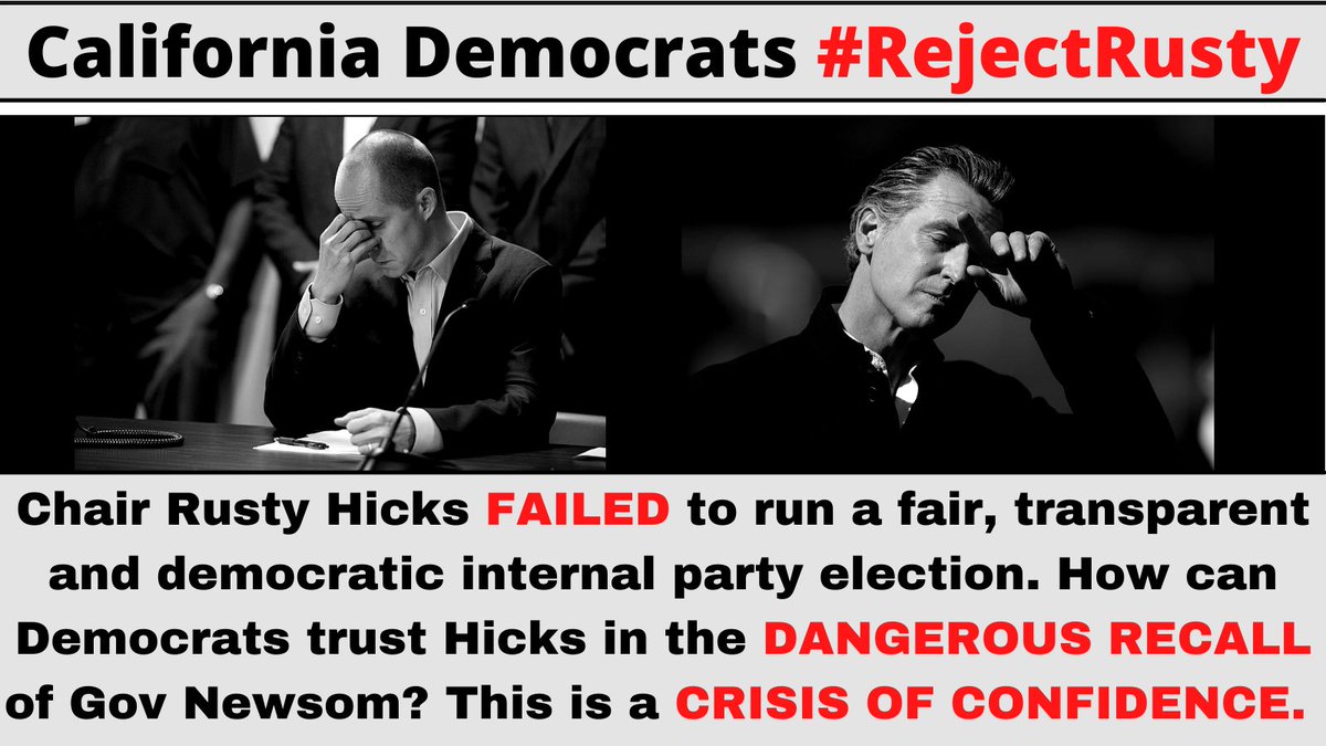 fightdenial's tweet photo. California Democrats have lost confidence in Chair Rusty Hicks to lead us through a dangerous recall of @GavinNewsom & highly contentious midterms. If Hicks can’t run a democratic delegate election, how can we trust him in critical moments? #RejectRusty https://t.co/FLm2A0Homk https://t.co/P81mD1jYPw