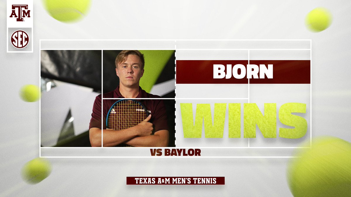 AggieMTEN's tweet photo. A&amp;M takes a 2-0 lead as Bjorn wins 6-1, 7-6(4) on court 6!

#GigEm https://t.co/o15LgB8CIs